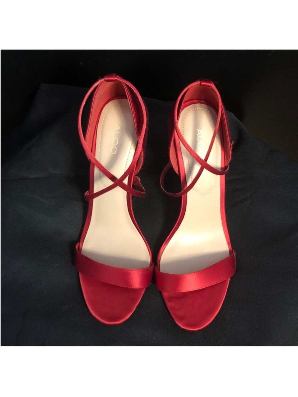 Aldo Scarlet Red Satin Crisscross Strap High Heels - Picture 3 of 6
